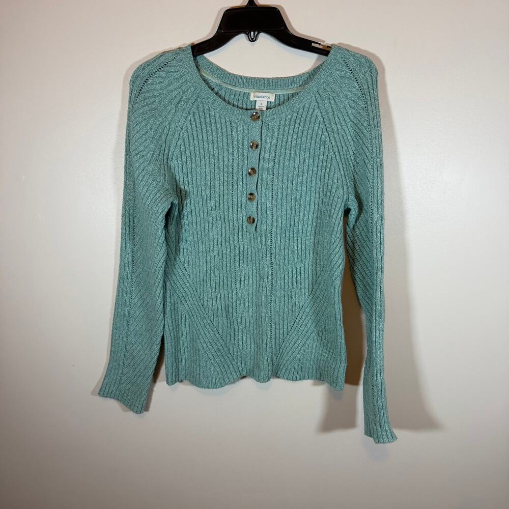 Sundance Teal Silk Blend Ribbed Knit Henley Sweater Womens S Casual Everyday